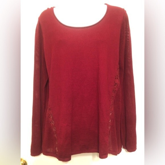 Lucky Brand Size L Waffle Knit Cashmere Blend Long Sleeve Sweater Crochet Lace - Picture 2 of 6